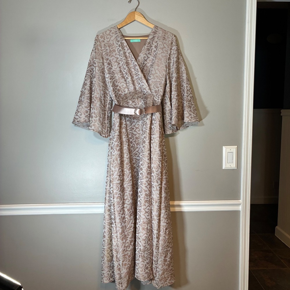 Toleen XL Taupe Damask Jacquard Maxi Dress Bell Sleeve V-Neck Belted Formal